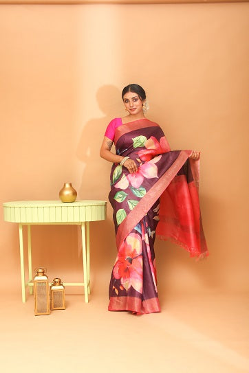 Handwoven Tassar Digital Floral Print Saree