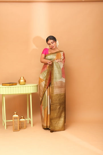Handwoven Tassar Block Print Saree