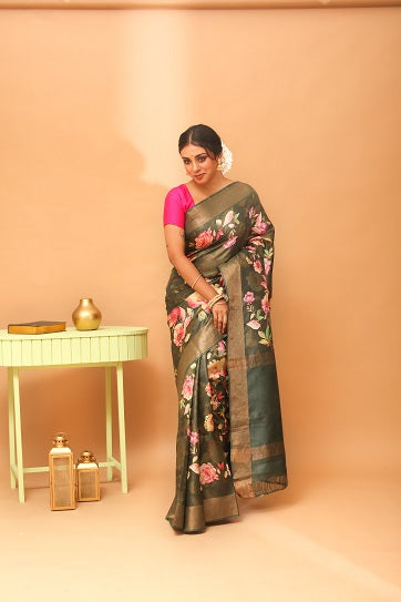 Handwoven Tassar Digital Floral Print Saree
