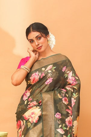 Handwoven Tassar Digital Floral Print Saree