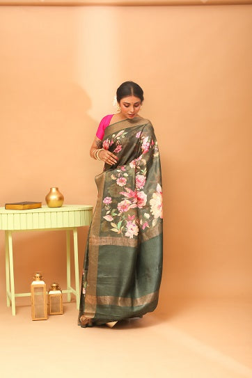 Handwoven Tassar Digital Floral Print Saree