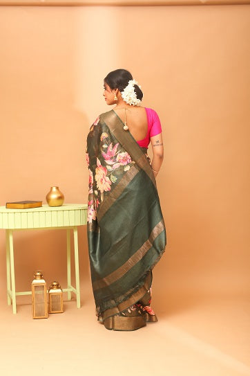 Handwoven Tassar Digital Floral Print Saree