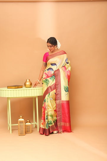 Handwoven Tassar Digital Floral Print Saree