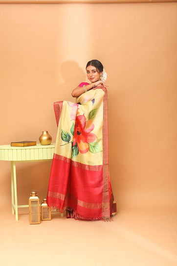Handwoven Tassar Digital Floral Print Saree