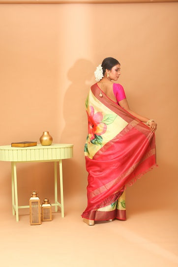 Handwoven Tassar Digital Floral Print Saree